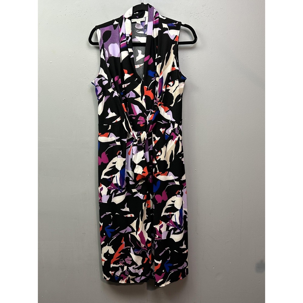Dana Buchman Dress Womens Medium Black Multicolor Abstract Tie Waist Sleeveless